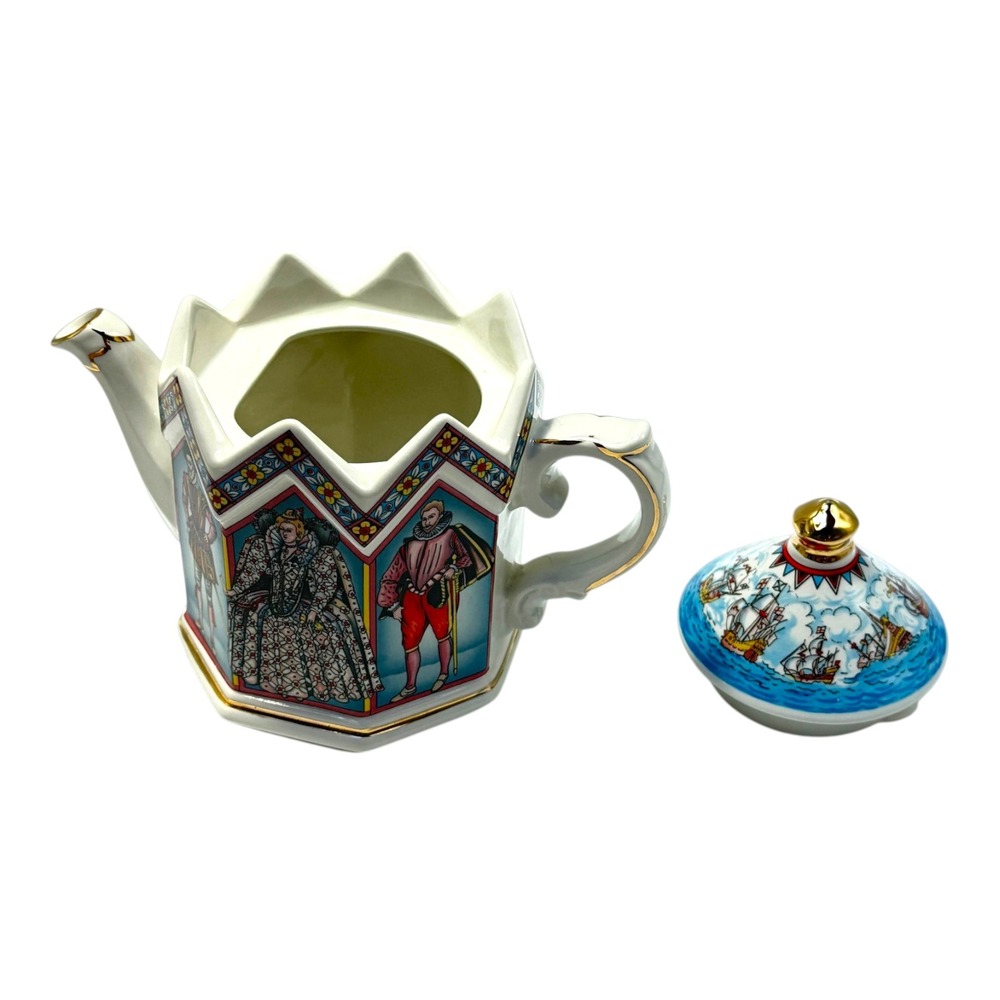 Sadler Teapot Queen Elizabeth I Spanish Armada 1588 Six-sided Ceramic Vintage 88